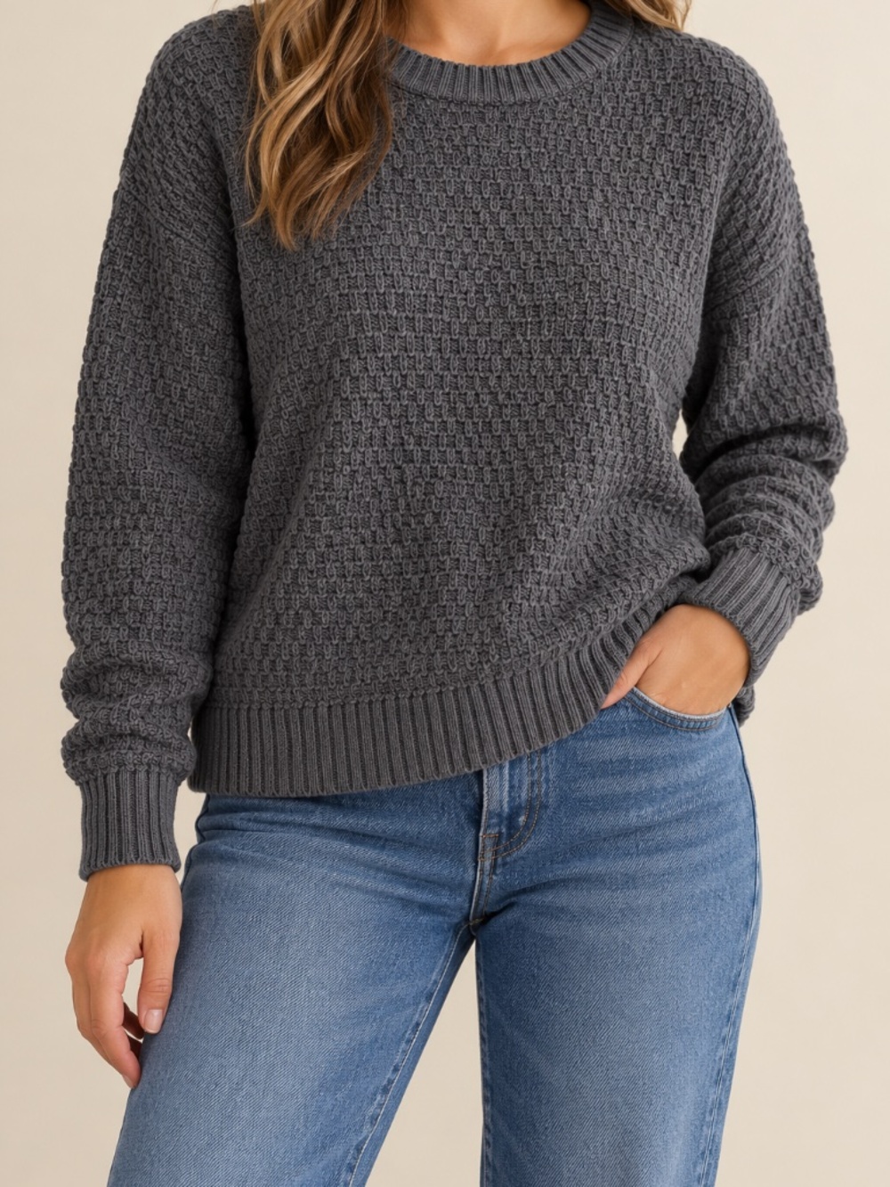 Old Navy Charcoal Grey Textured Knit Crewneck Sweater